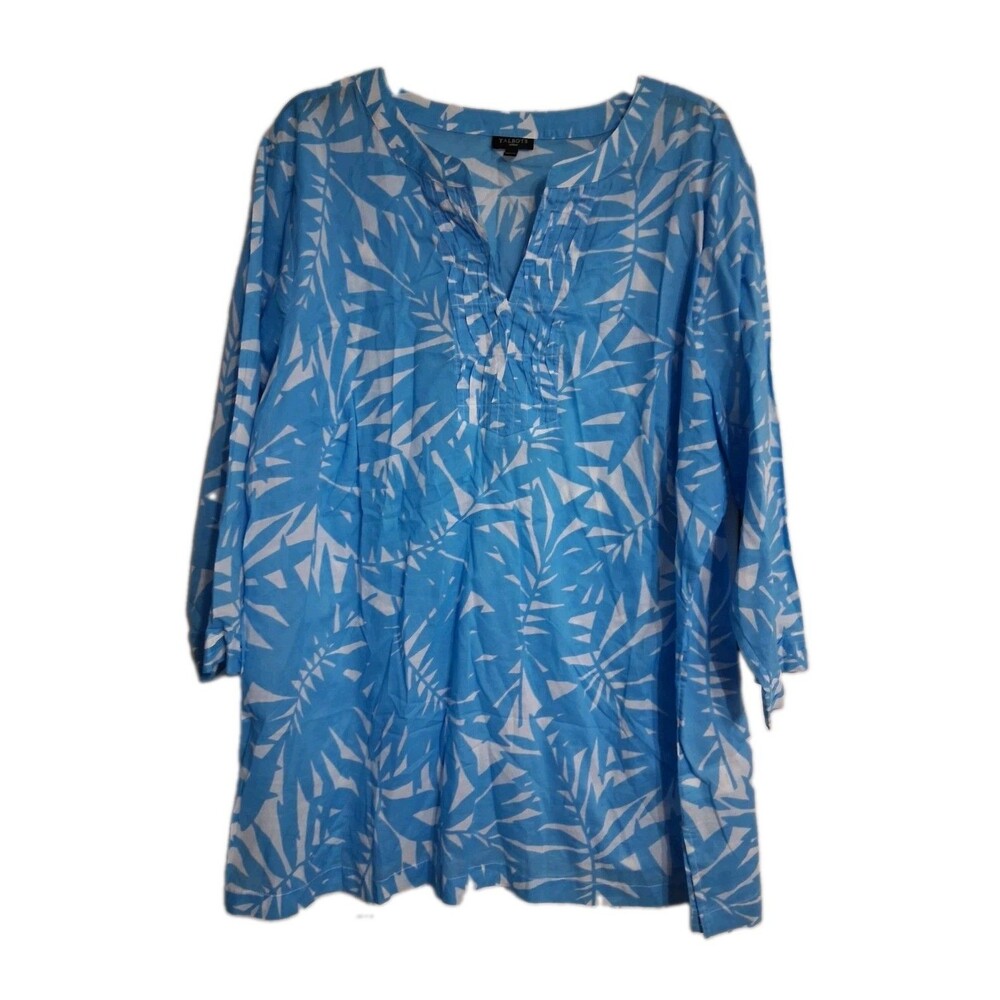 Women's Talbots Woman 3/4 Sleeve Tunic Top Size 2X Blue Palm